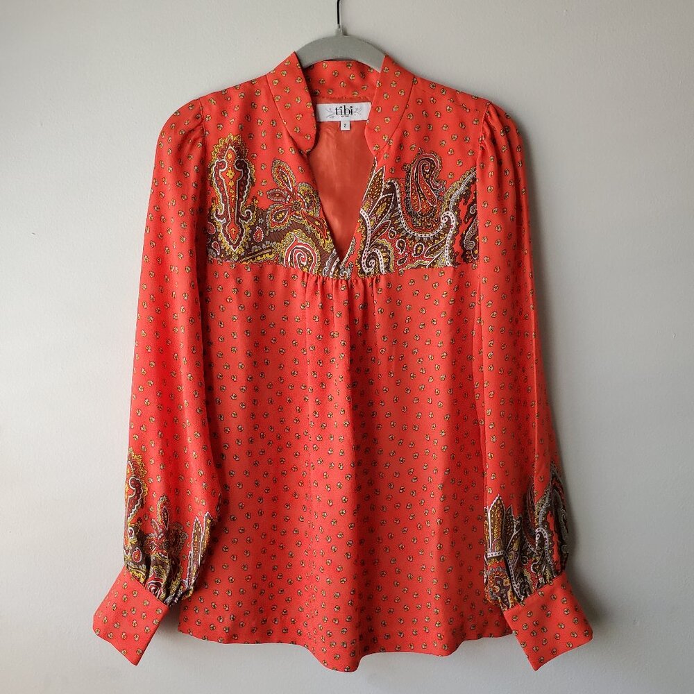 NEW Tibi 100% Silk Red Paisley V-Neck Long Sleeve Blouse - Size 2